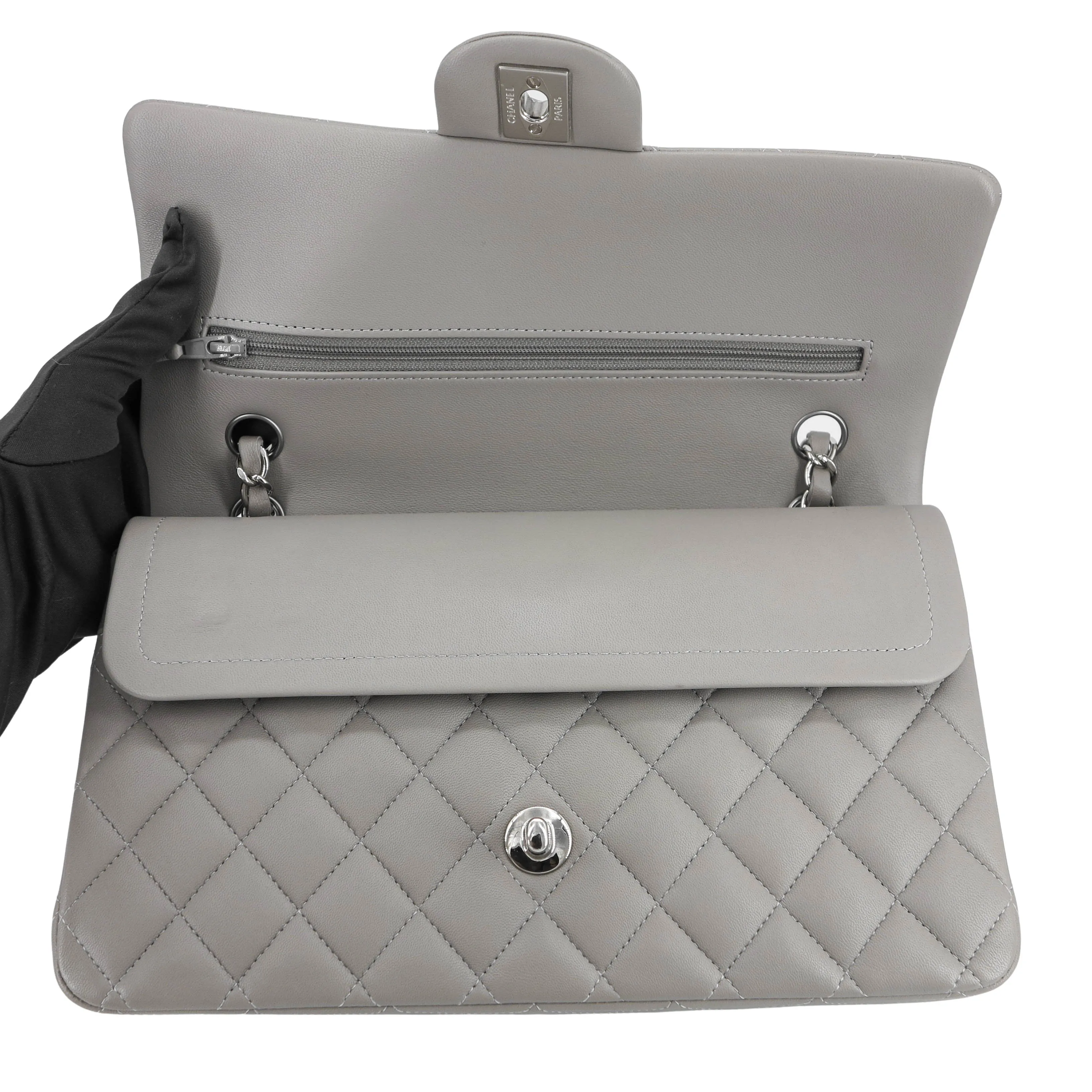 19B Grey Lambskin Medium Classic Double Flap Bag