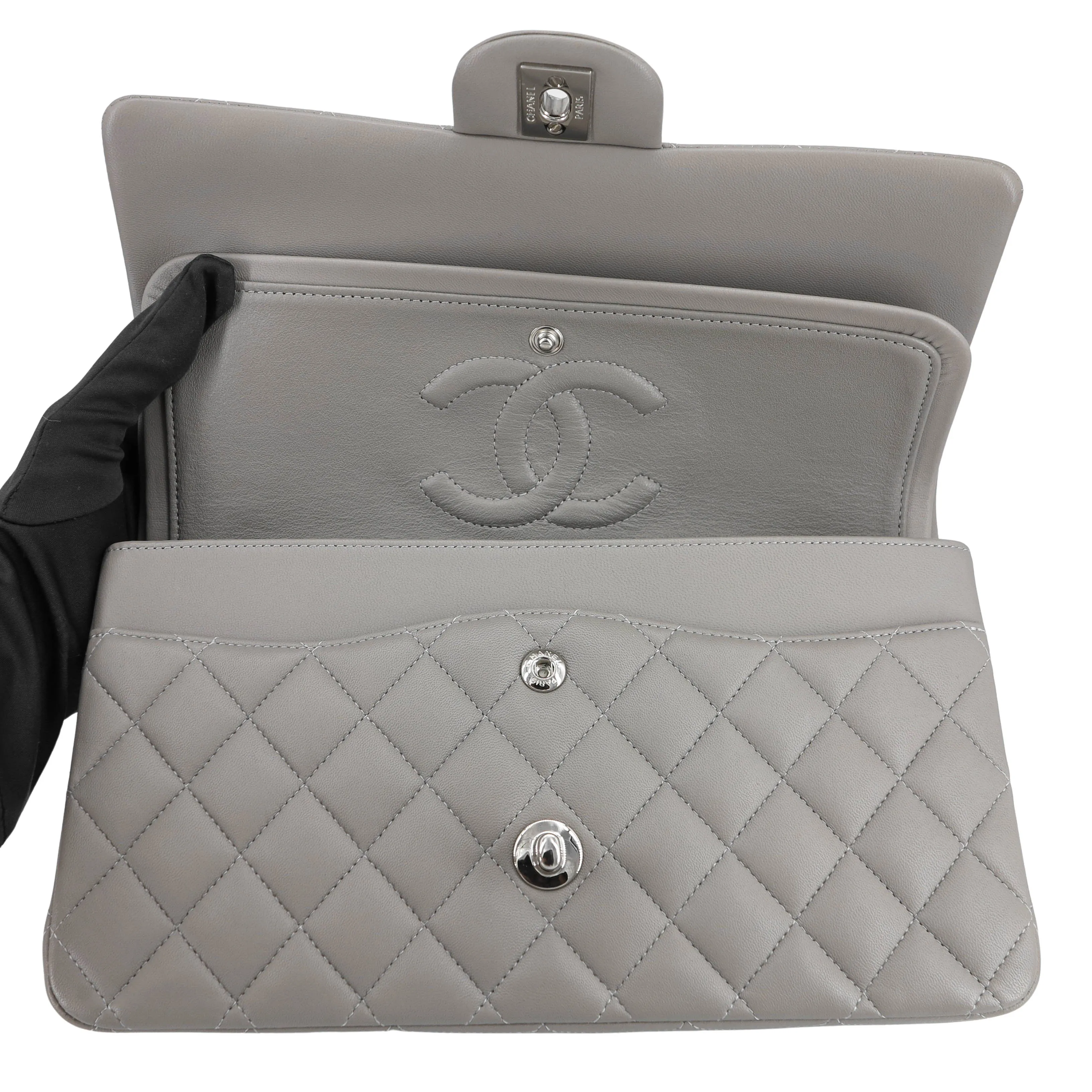 19B Grey Lambskin Medium Classic Double Flap Bag