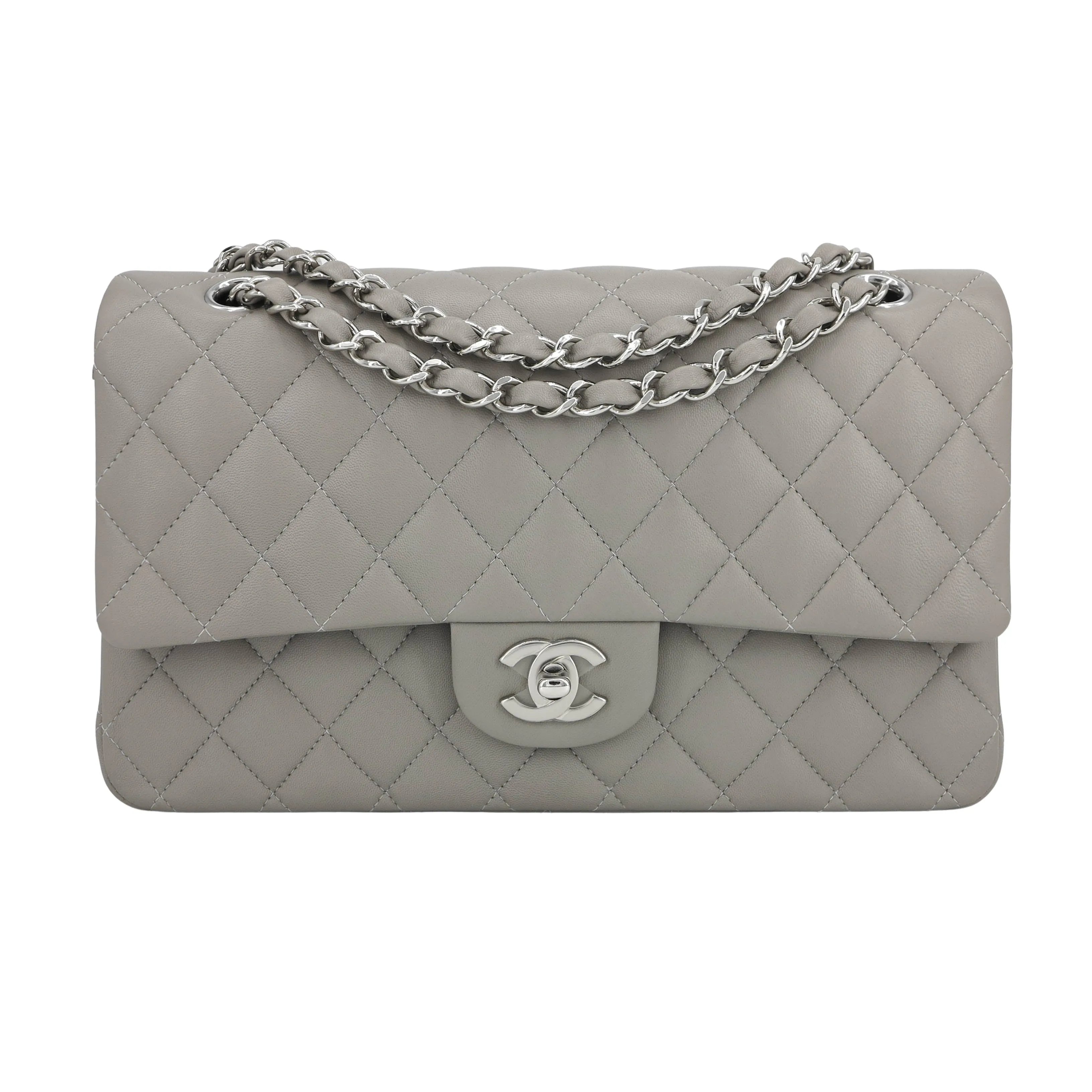 19B Grey Lambskin Medium Classic Double Flap Bag
