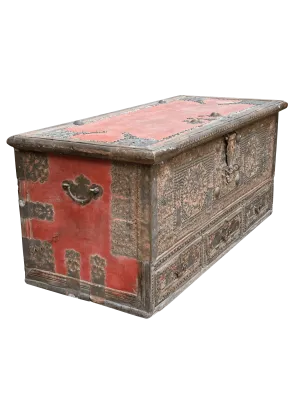 19th Century Teak Brass Studded Red Zanzibar Chest