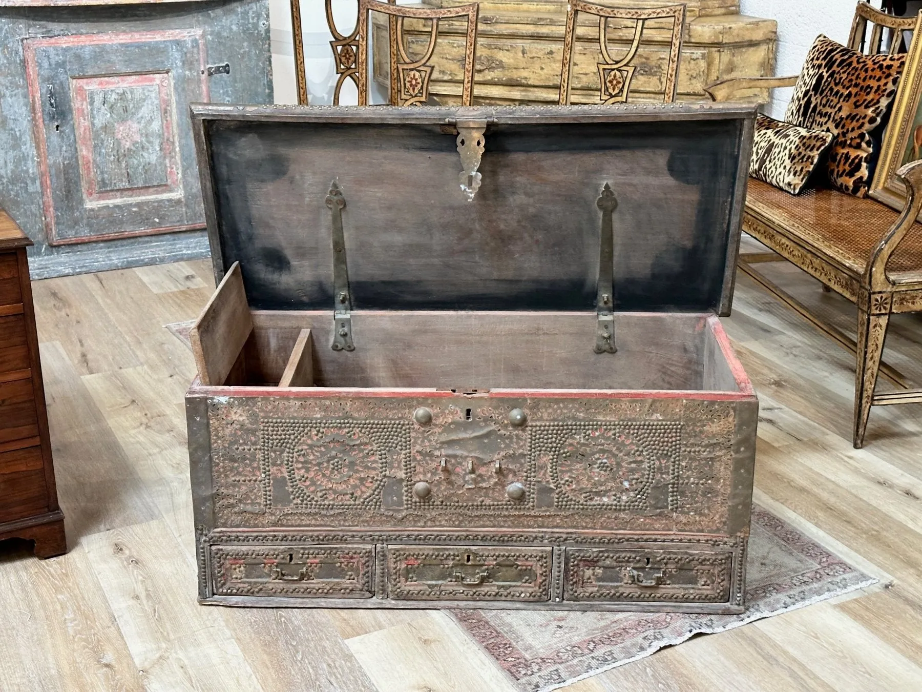 19th Century Teak Brass Studded Red Zanzibar Chest