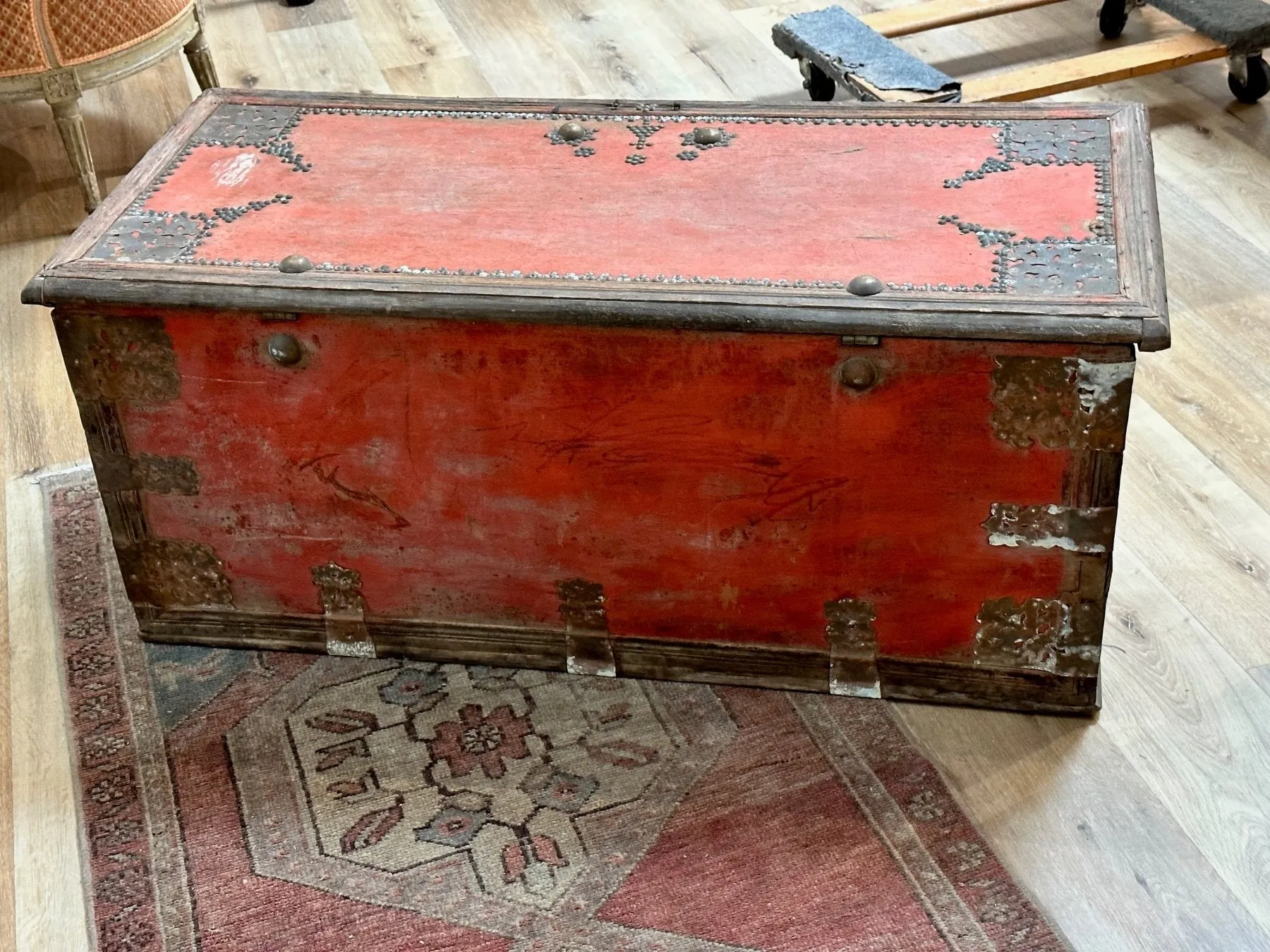 19th Century Teak Brass Studded Red Zanzibar Chest