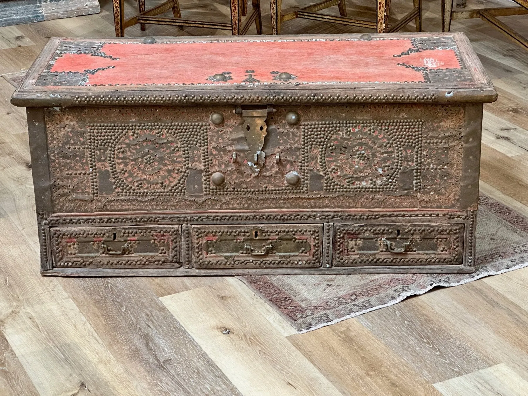 19th Century Teak Brass Studded Red Zanzibar Chest