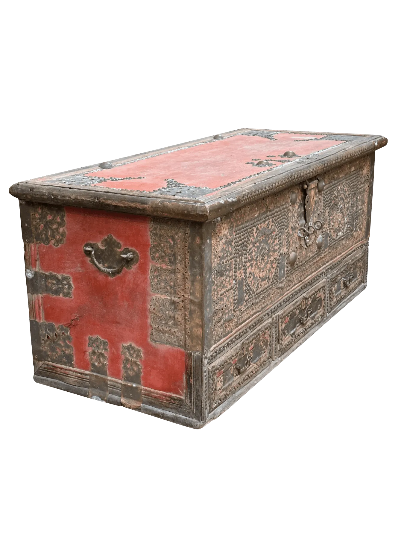 19th Century Teak Brass Studded Red Zanzibar Chest