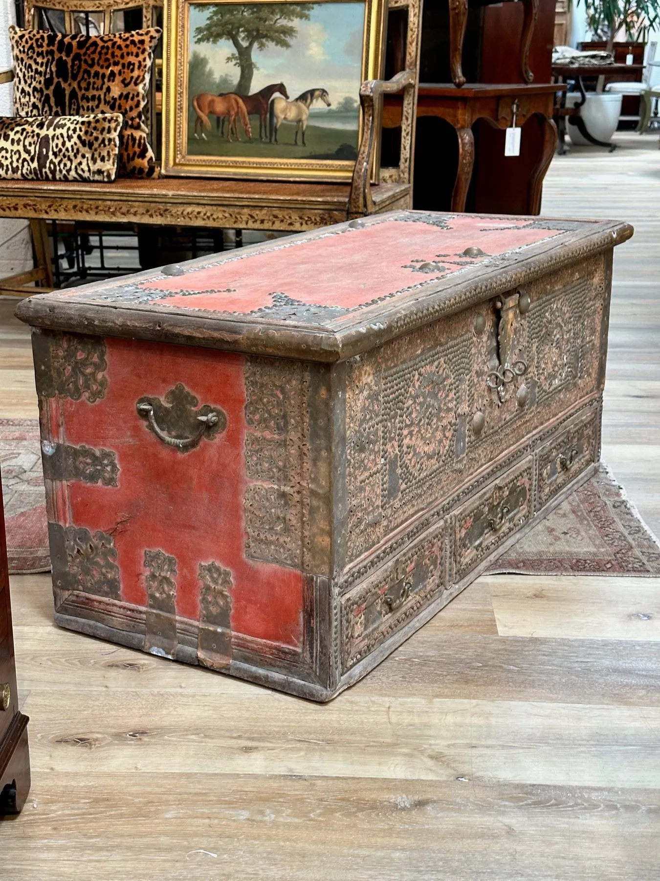 19th Century Teak Brass Studded Red Zanzibar Chest