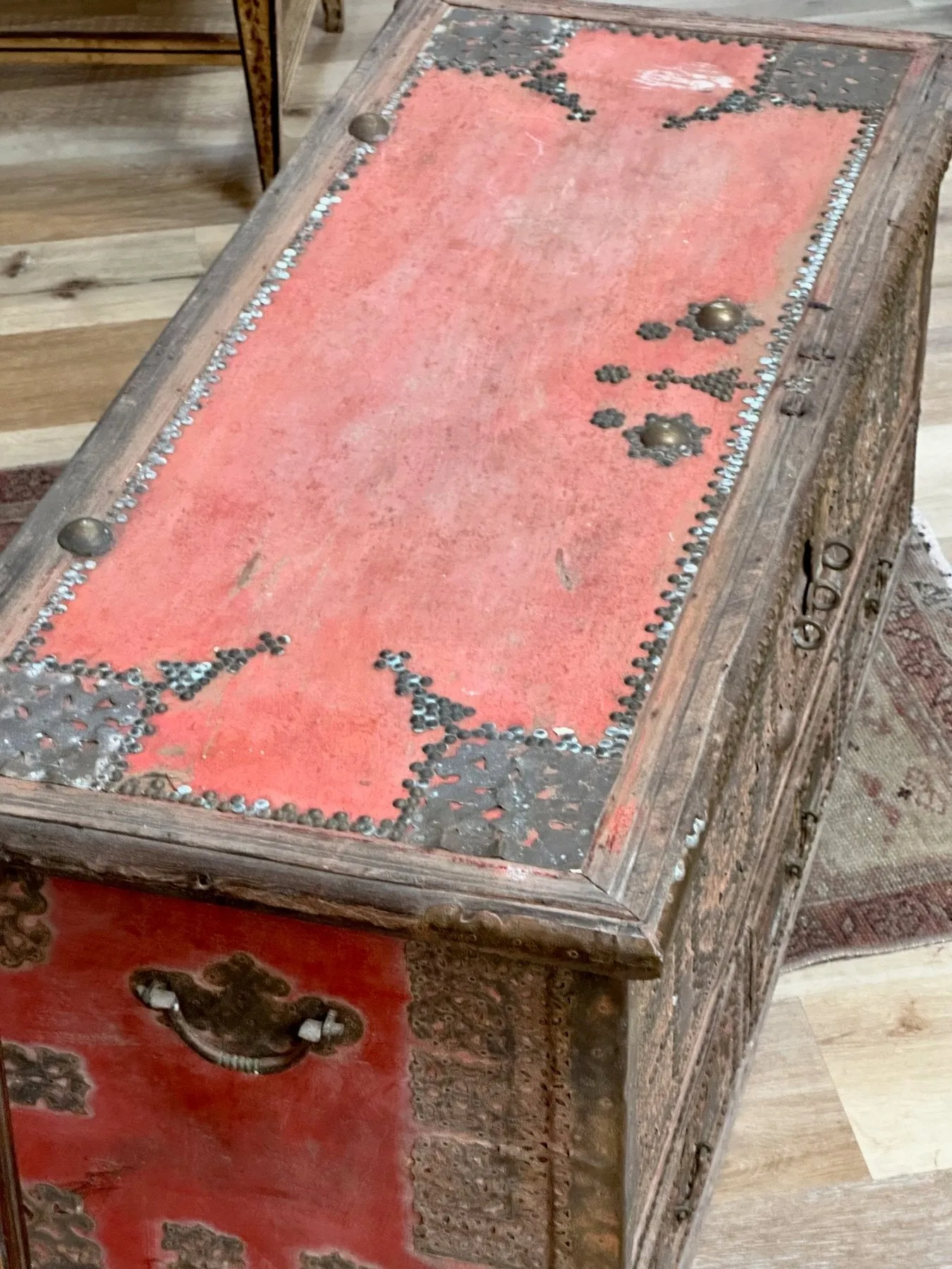 19th Century Teak Brass Studded Red Zanzibar Chest