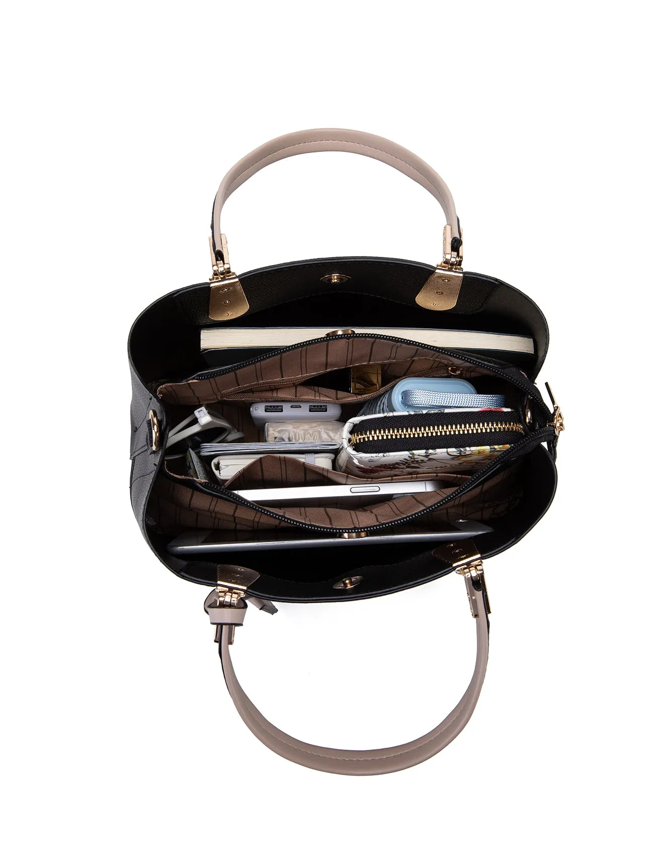AINSLEY VEGAN TRIPLE COMPARTMENT BAG- XB-2338-BLK/TAUPE