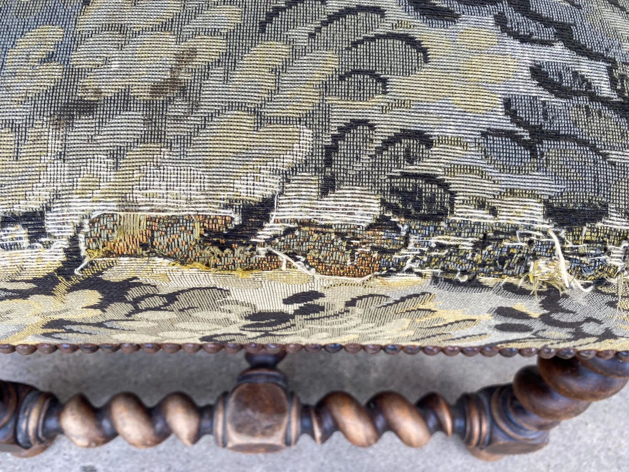 Antique French Barley Twist Ottoman with Embroidered Upholstery, circa 1900