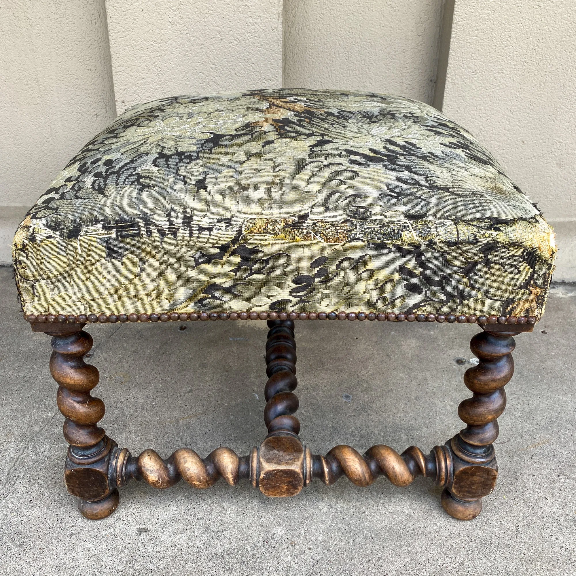 Antique French Barley Twist Ottoman with Embroidered Upholstery, circa 1900