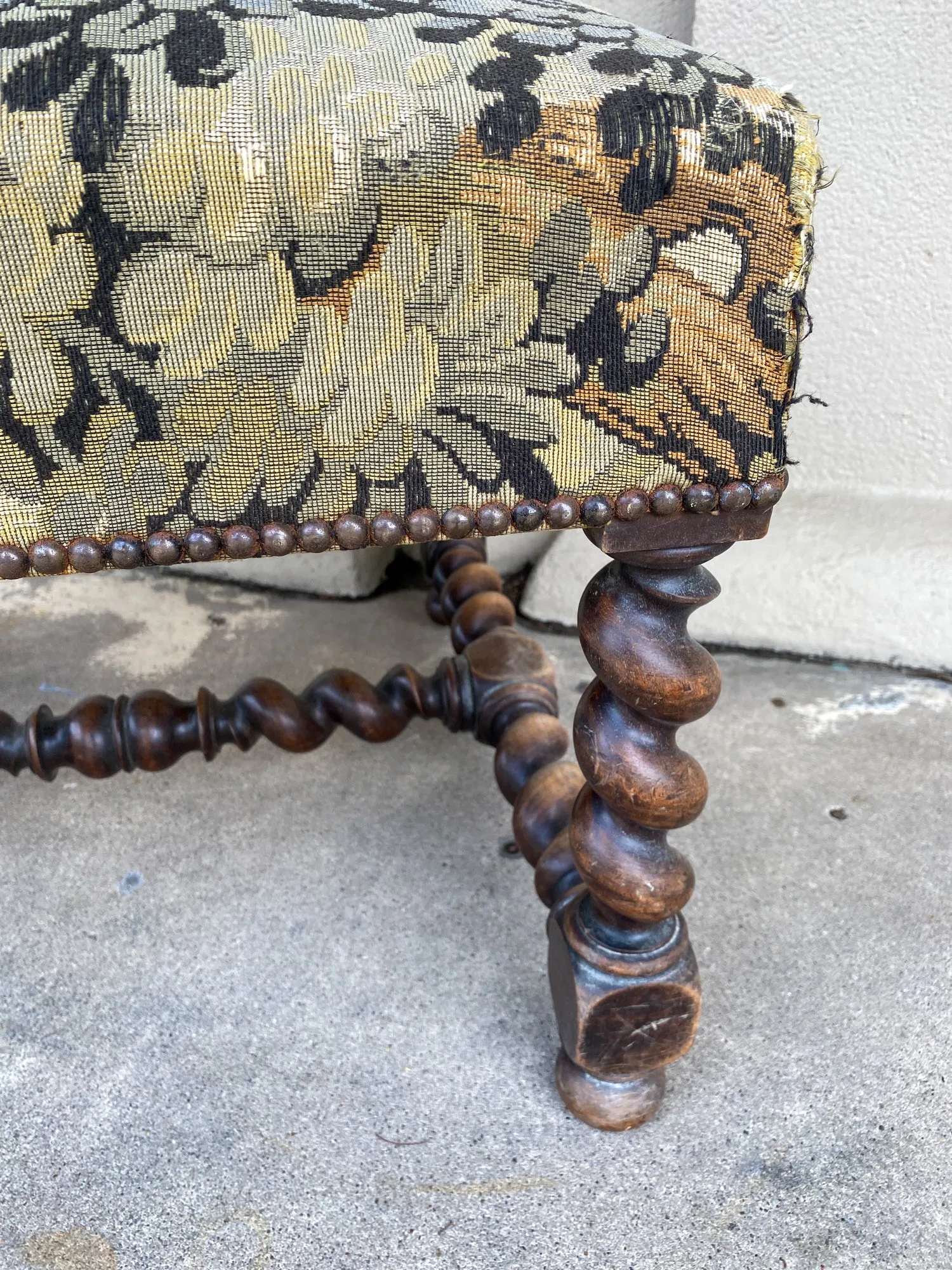 Antique French Barley Twist Ottoman with Embroidered Upholstery, circa 1900