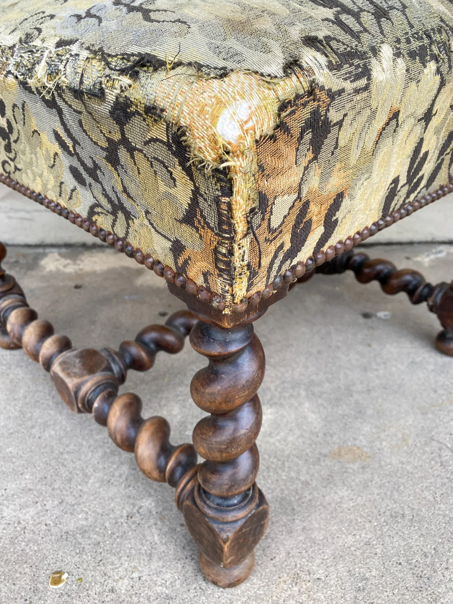 Antique French Barley Twist Ottoman with Embroidered Upholstery, circa 1900