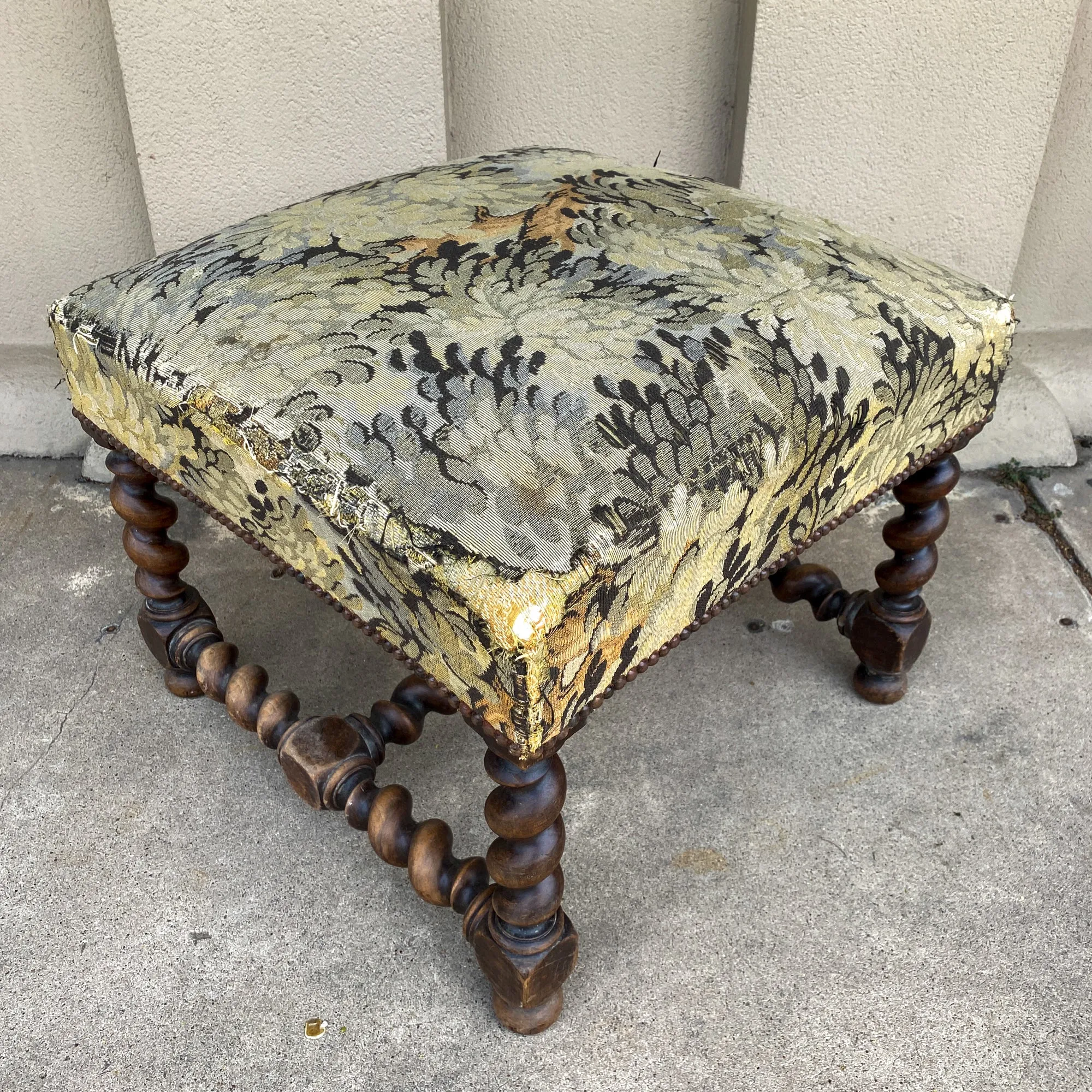 Antique French Barley Twist Ottoman with Embroidered Upholstery, circa 1900