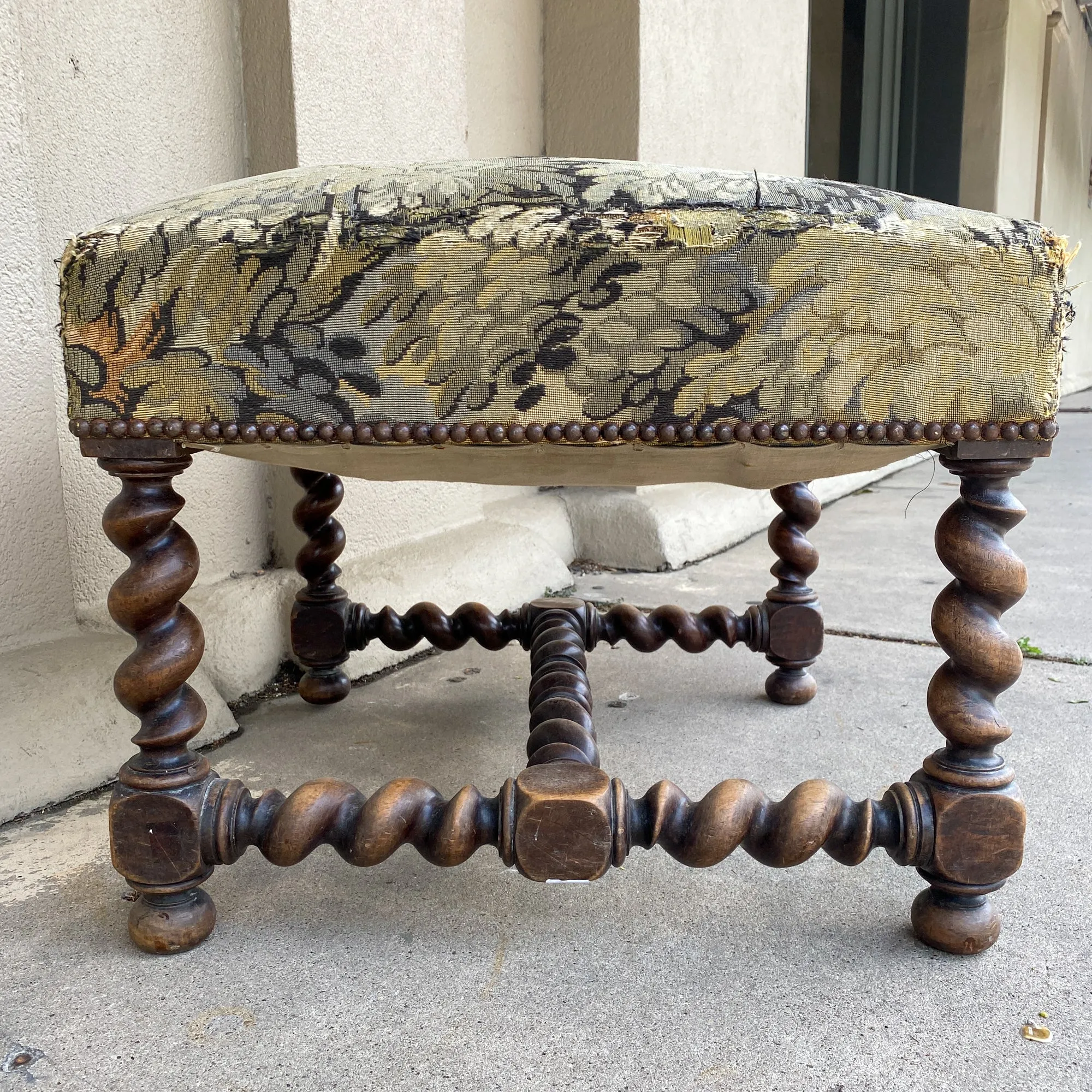 Antique French Barley Twist Ottoman with Embroidered Upholstery, circa 1900