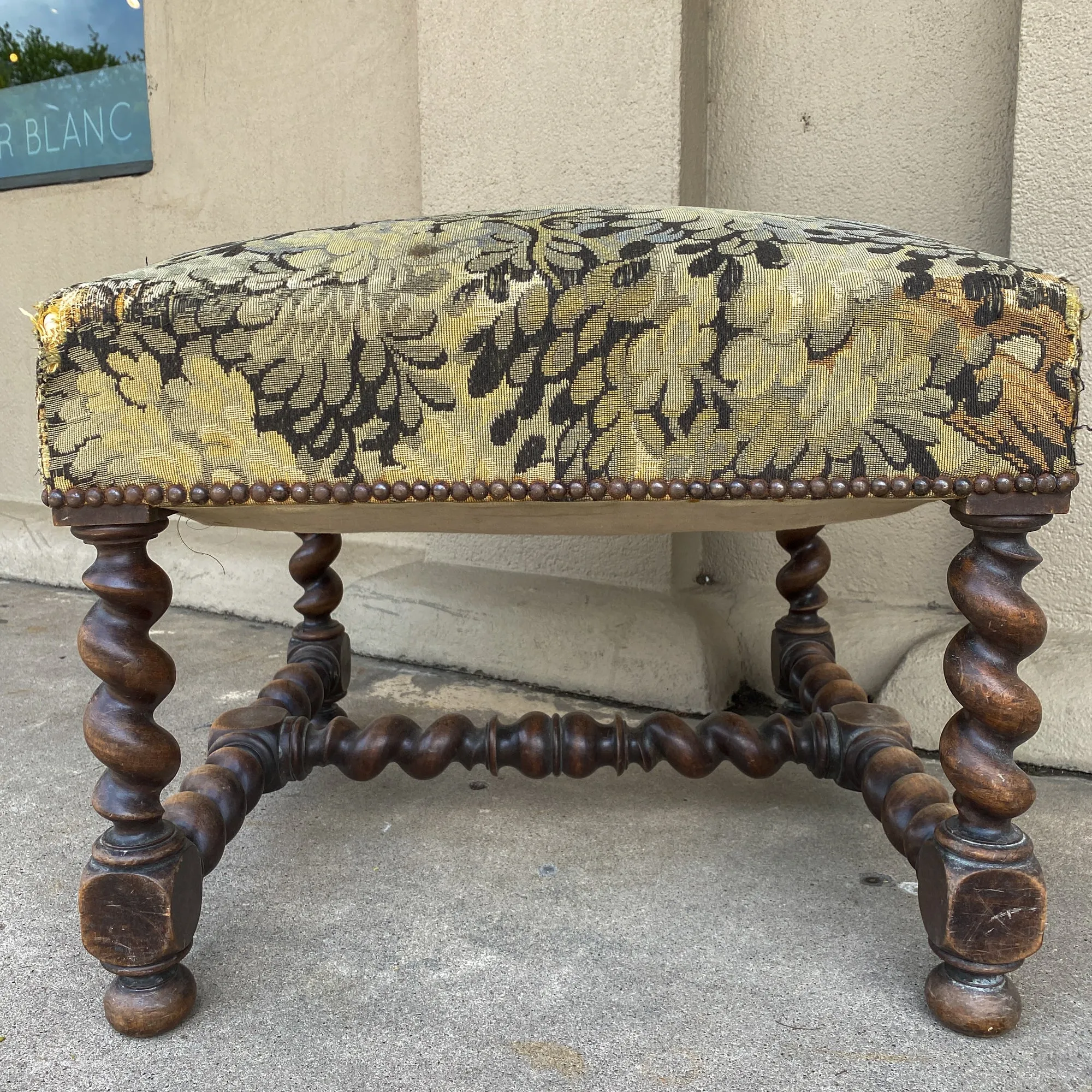 Antique French Barley Twist Ottoman with Embroidered Upholstery, circa 1900