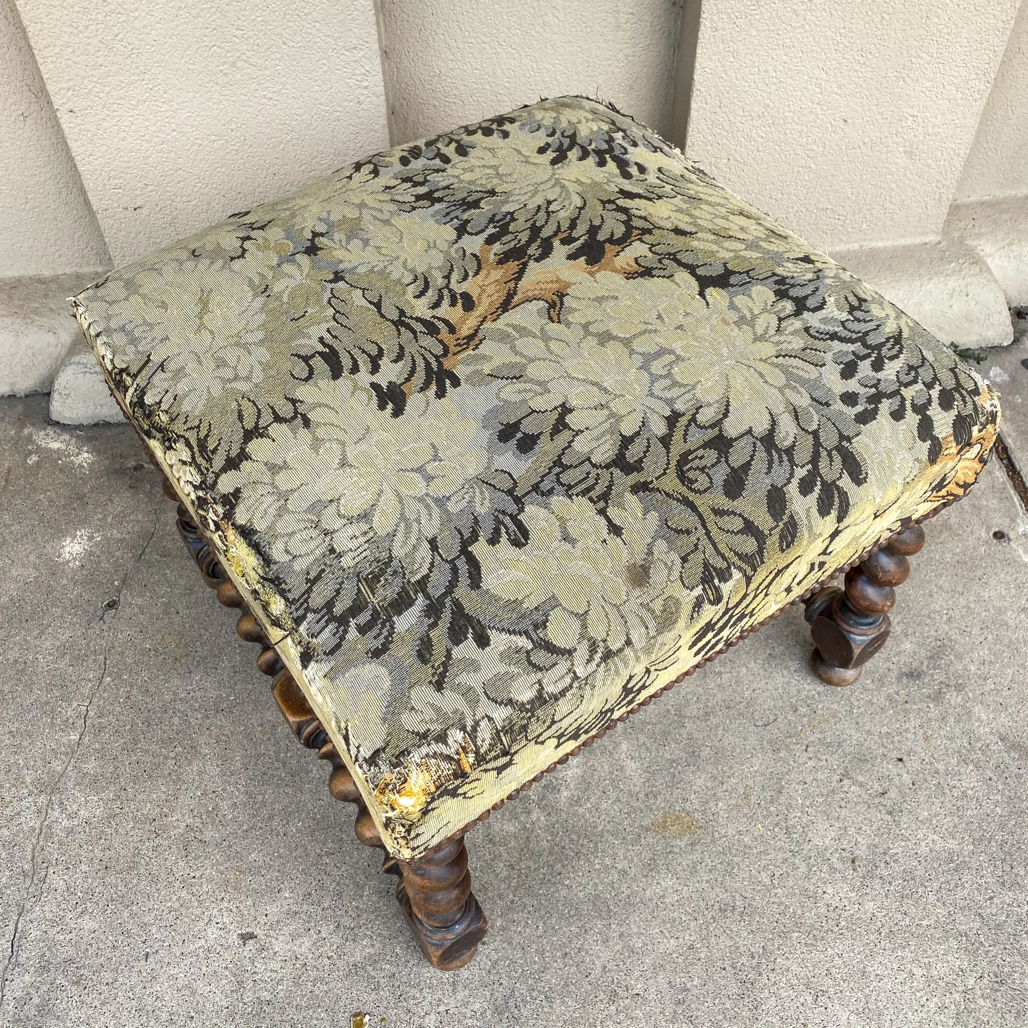 Antique French Barley Twist Ottoman with Embroidered Upholstery, circa 1900