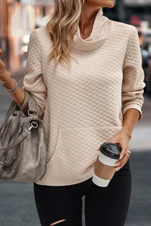 Apricot Quilted Draped High Neck Kangaroo Pocket Top
