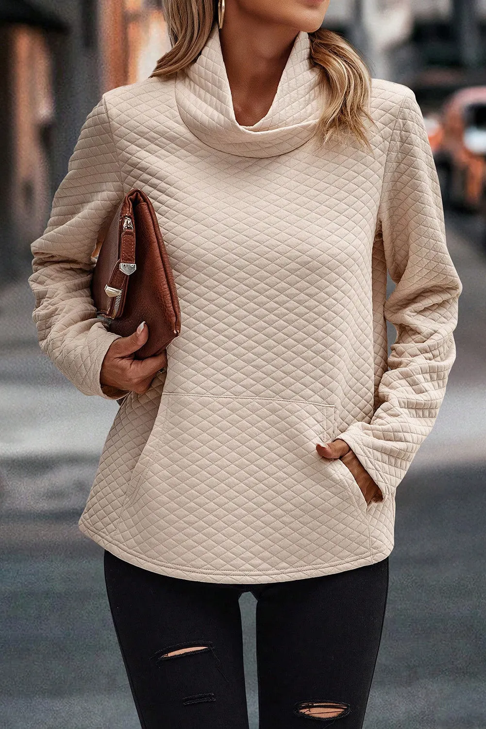 Apricot Quilted Draped High Neck Kangaroo Pocket Top