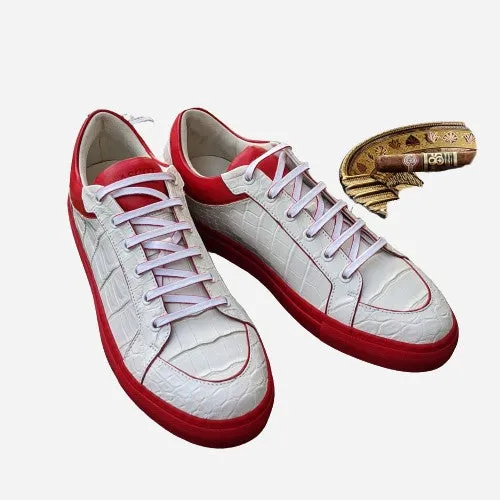 Ascot Sneakers -  White Alligator With Red Sole