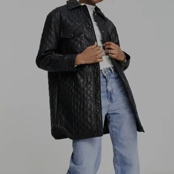 ASOS New Look Faux Leather Black Buttoned Shacket Quilted Jacket Size US 6