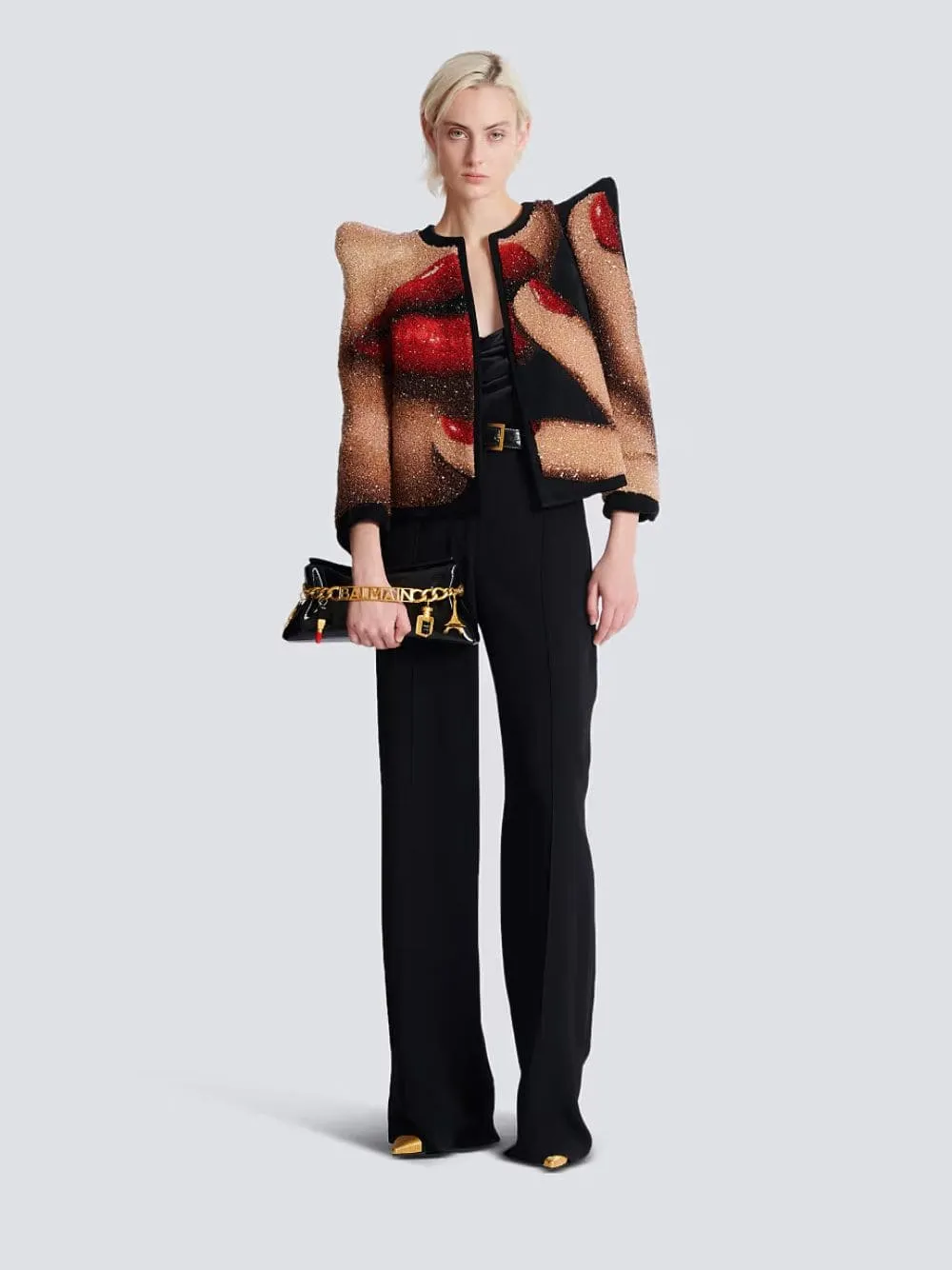 Black 1945 Striped Patent Leather Clutch
