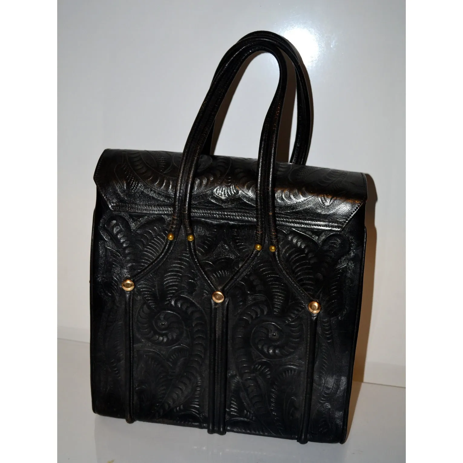 Black Aztela Tooled Leather Travel Bag