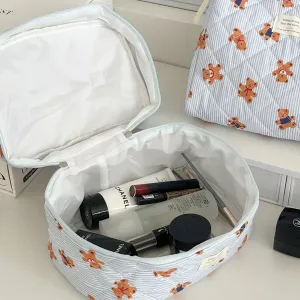 Blue Striped Bear Cartoon Girlish Portable Large Capacity Cosmetic Bags