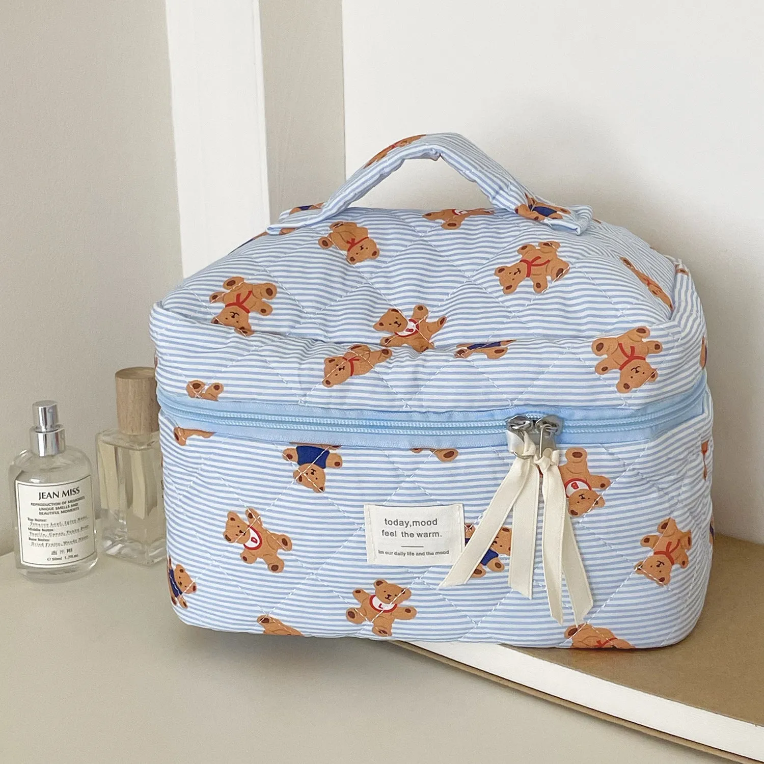 Blue Striped Bear Cartoon Girlish Portable Large Capacity Cosmetic Bags