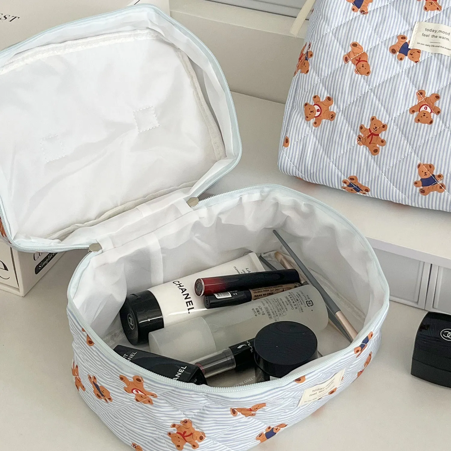 Blue Striped Bear Cartoon Girlish Portable Large Capacity Cosmetic Bags