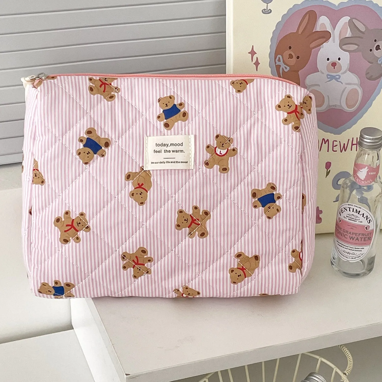 Blue Striped Bear Cartoon Girlish Portable Large Capacity Cosmetic Bags