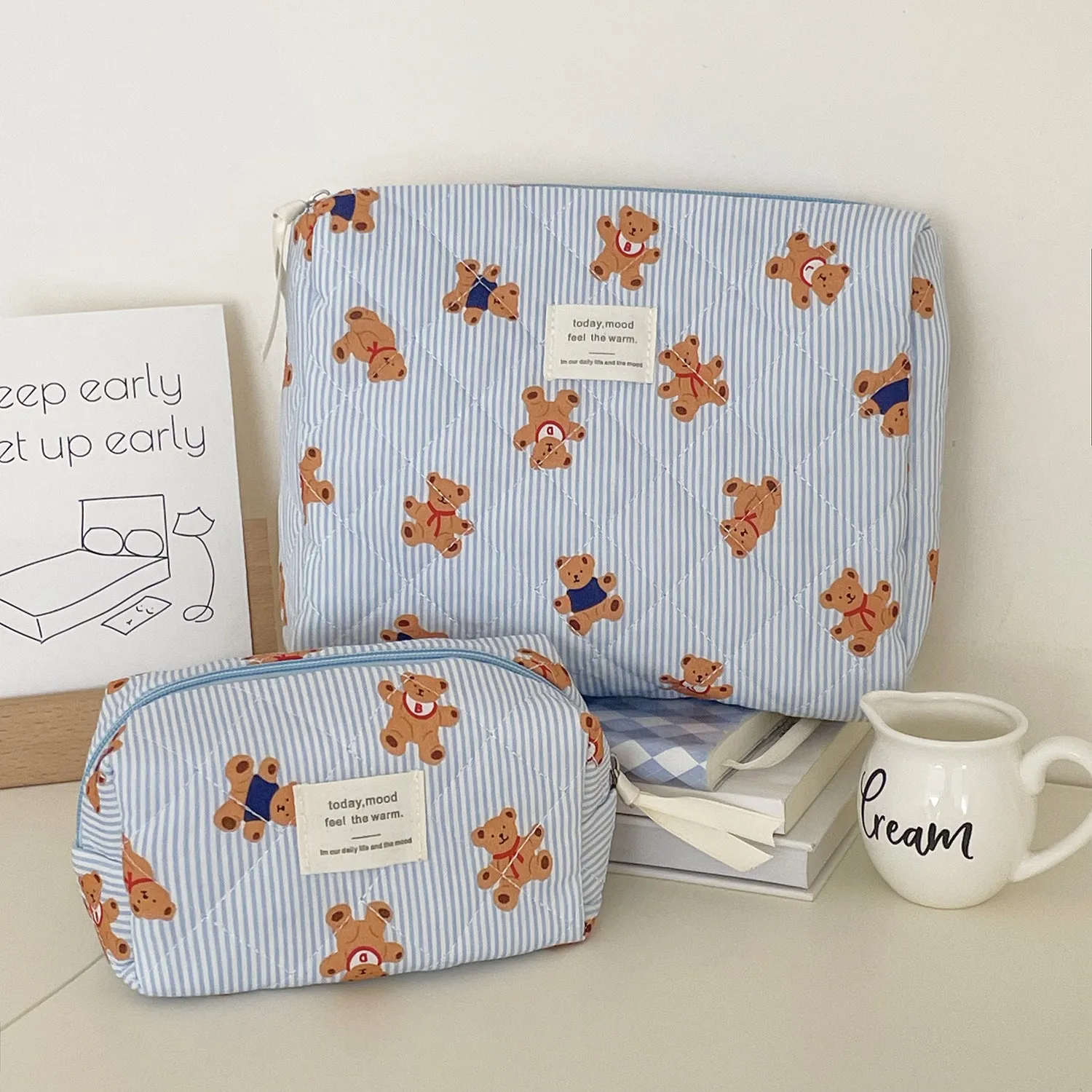 Blue Striped Bear Cartoon Girlish Portable Large Capacity Cosmetic Bags