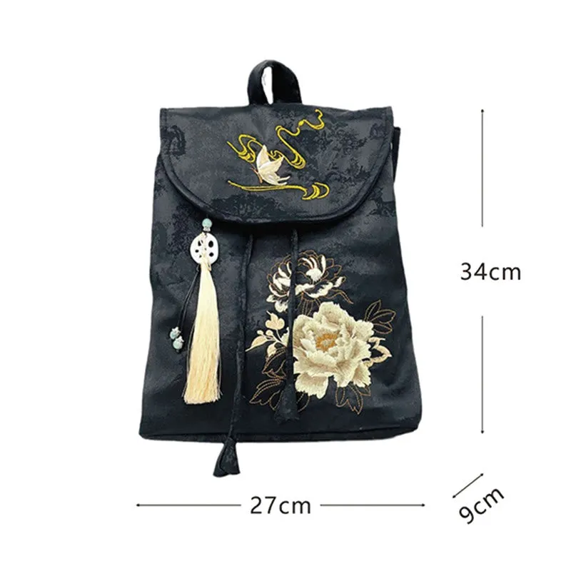 Buddha Stones Handmade Black Peony Embroidered Large Capacity Polyester Cotton Backpack