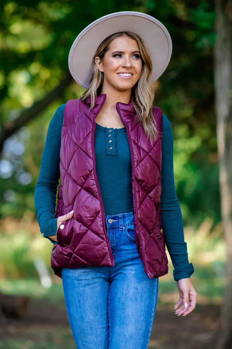 Burgundy Quilted Puffer Vest