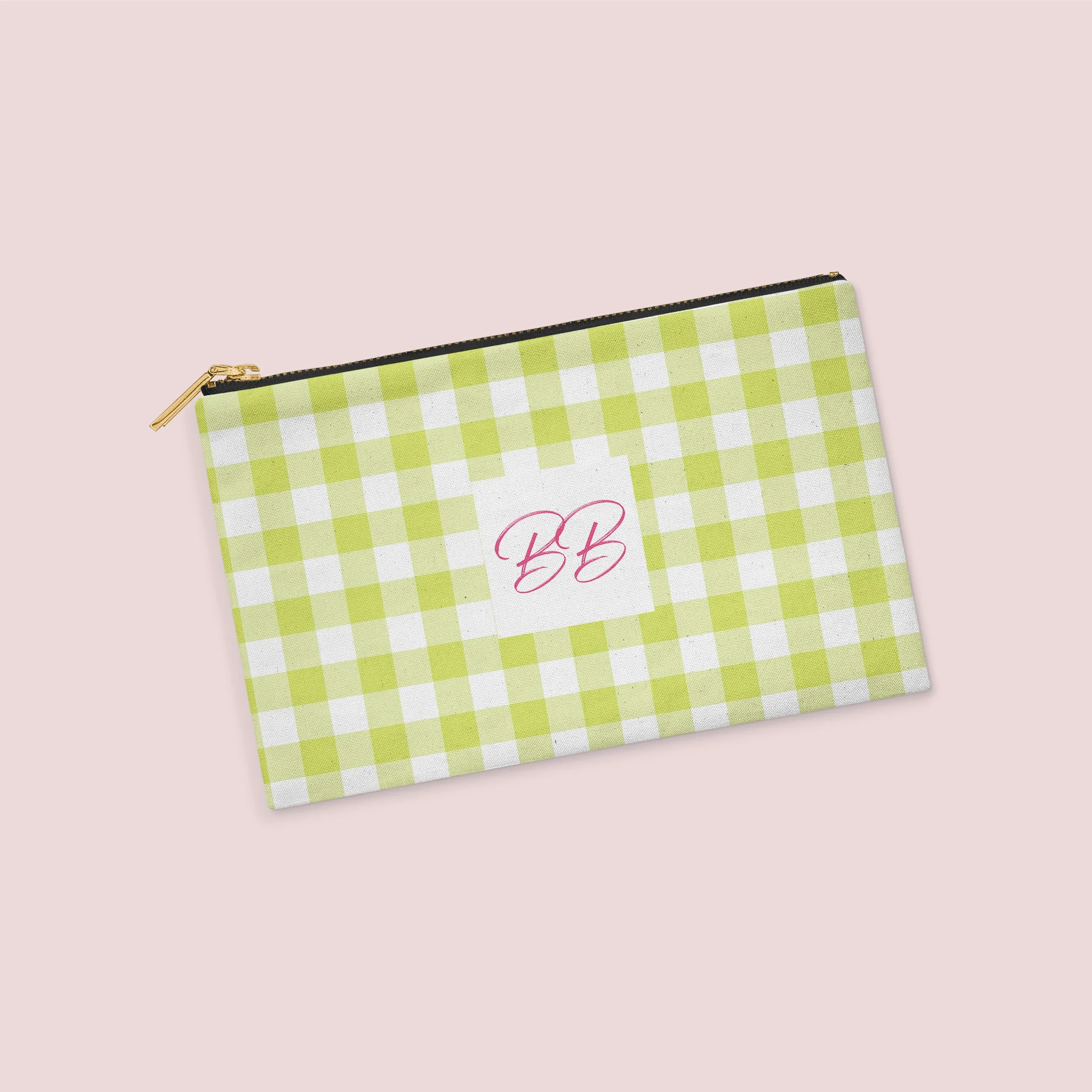 Chartreuse Gingham Personalized Zipper Pouch