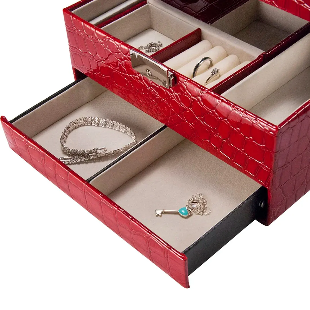 Cheri Bliss Portable Vegan Leather Croc Embossed Red Jewelry Box with Drawer, Key Lock, and Carry Handle | BF11976