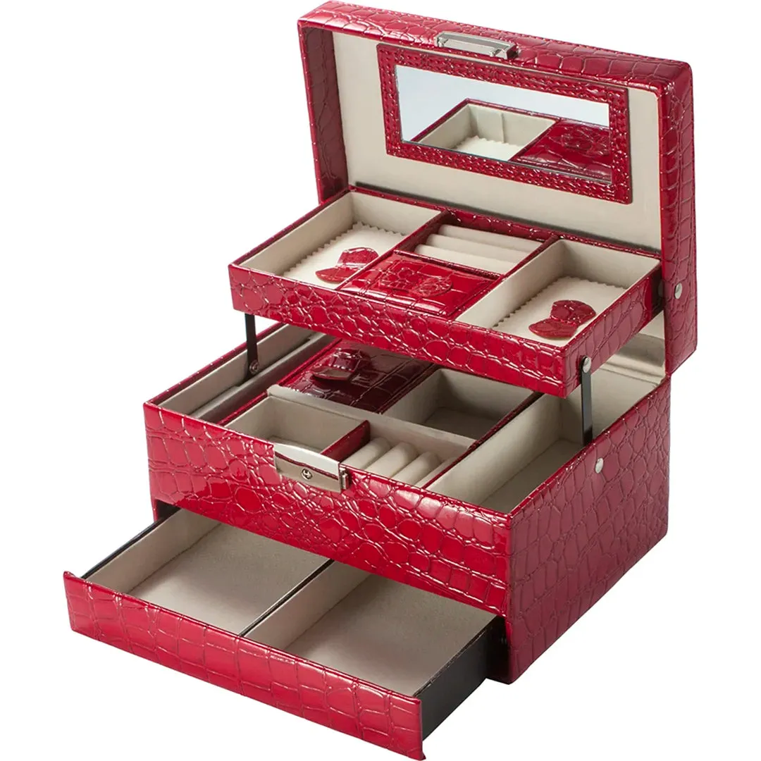 Cheri Bliss Portable Vegan Leather Croc Embossed Red Jewelry Box with Drawer, Key Lock, and Carry Handle | BF11976