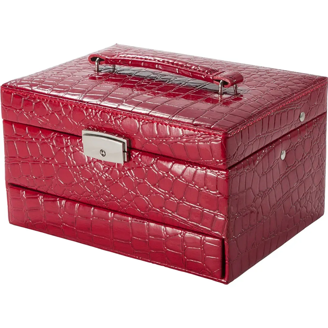 Cheri Bliss Portable Vegan Leather Croc Embossed Red Jewelry Box with Drawer, Key Lock, and Carry Handle | BF11976
