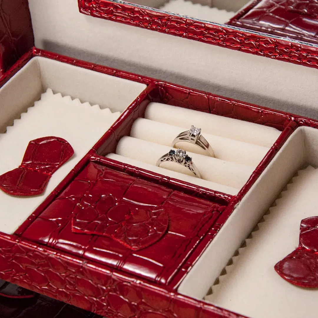 Cheri Bliss Portable Vegan Leather Croc Embossed Red Jewelry Box with Drawer, Key Lock, and Carry Handle | BF11976