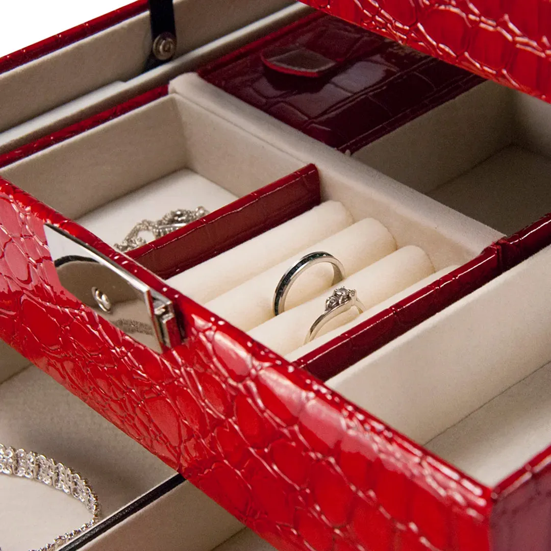 Cheri Bliss Portable Vegan Leather Croc Embossed Red Jewelry Box with Drawer, Key Lock, and Carry Handle | BF11976