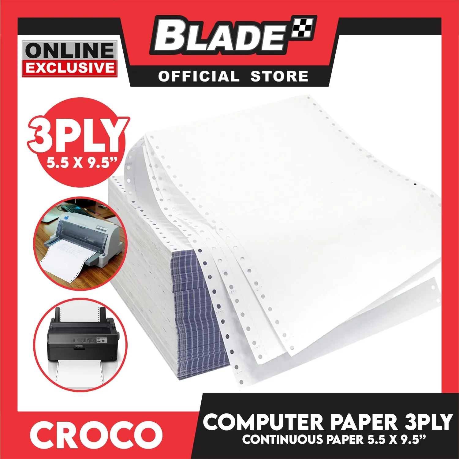 Croco Computer Forms 5.5X9 1/2'' (3PLY) 1Box Continuous Computer Paper Carbonless 3Ply 500 Sheets