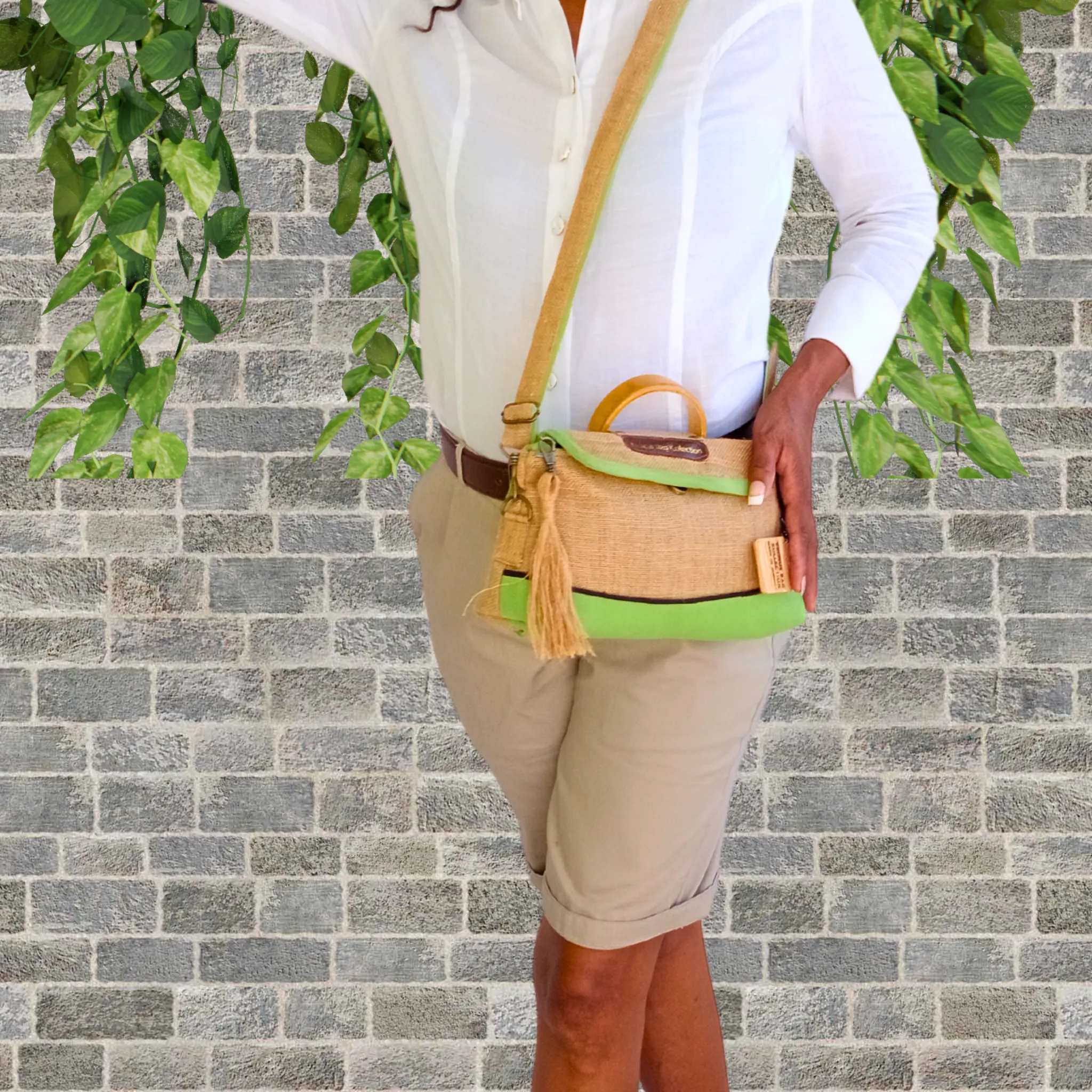 Crossbody Self-Care Bag, Lime Green Linen Trim