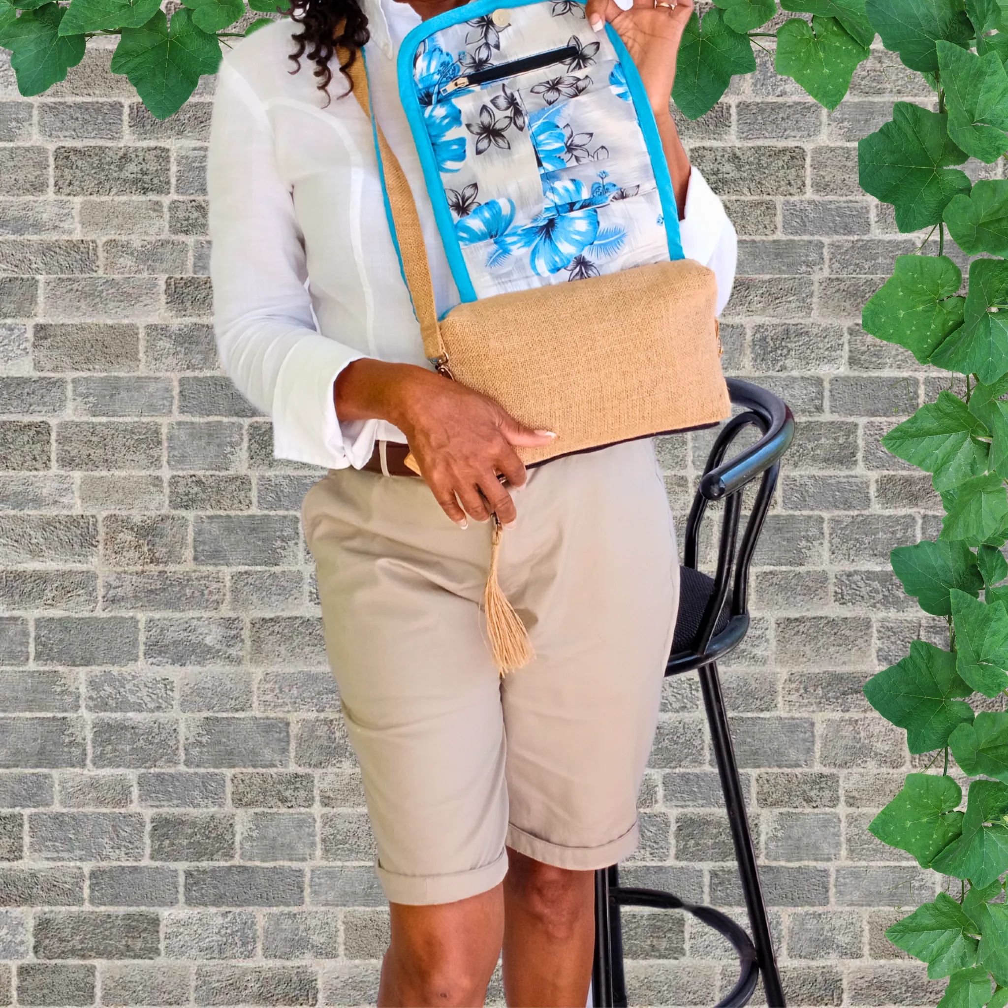 Crossbody Self-Care Bag, Ocean Blue Linen Trim