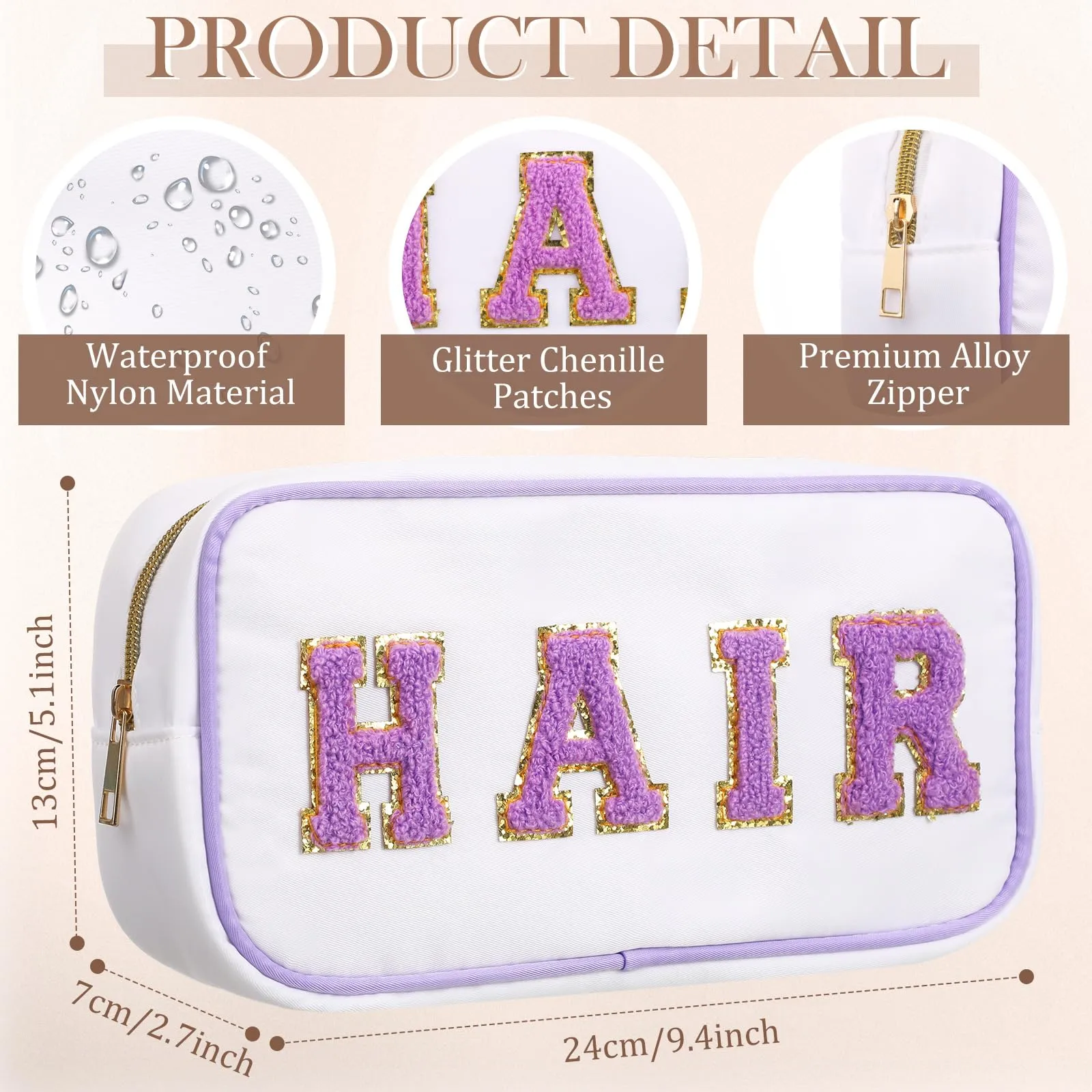 Cunno 4 Pcs Preppy Makeup Bags Chenille Letter Stuff Bag Nylon Cosmetic Pouch Cases with Zipper for Women Travel Toiletry(White Set,Vivid)
