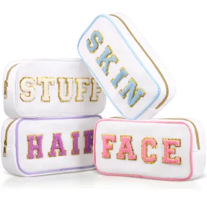 Cunno 4 Pcs Preppy Makeup Bags Chenille Letter Stuff Bag Nylon Cosmetic Pouch Cases with Zipper for Women Travel Toiletry(White Set,Vivid)