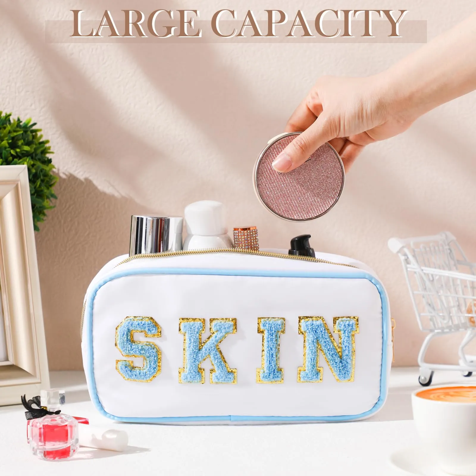 Cunno 4 Pcs Preppy Makeup Bags Chenille Letter Stuff Bag Nylon Cosmetic Pouch Cases with Zipper for Women Travel Toiletry(White Set,Vivid)