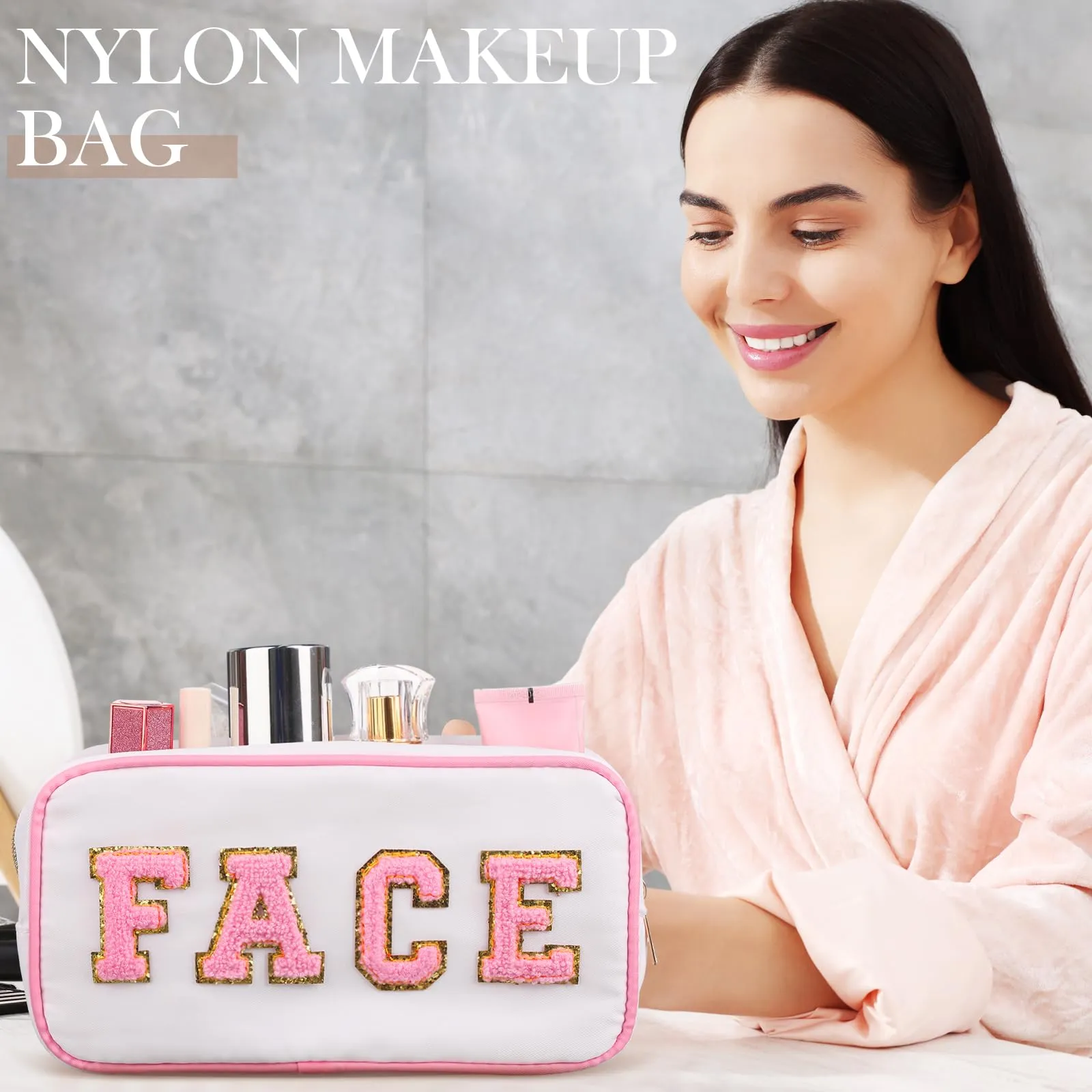 Cunno 4 Pcs Preppy Makeup Bags Chenille Letter Stuff Bag Nylon Cosmetic Pouch Cases with Zipper for Women Travel Toiletry(White Set,Vivid)