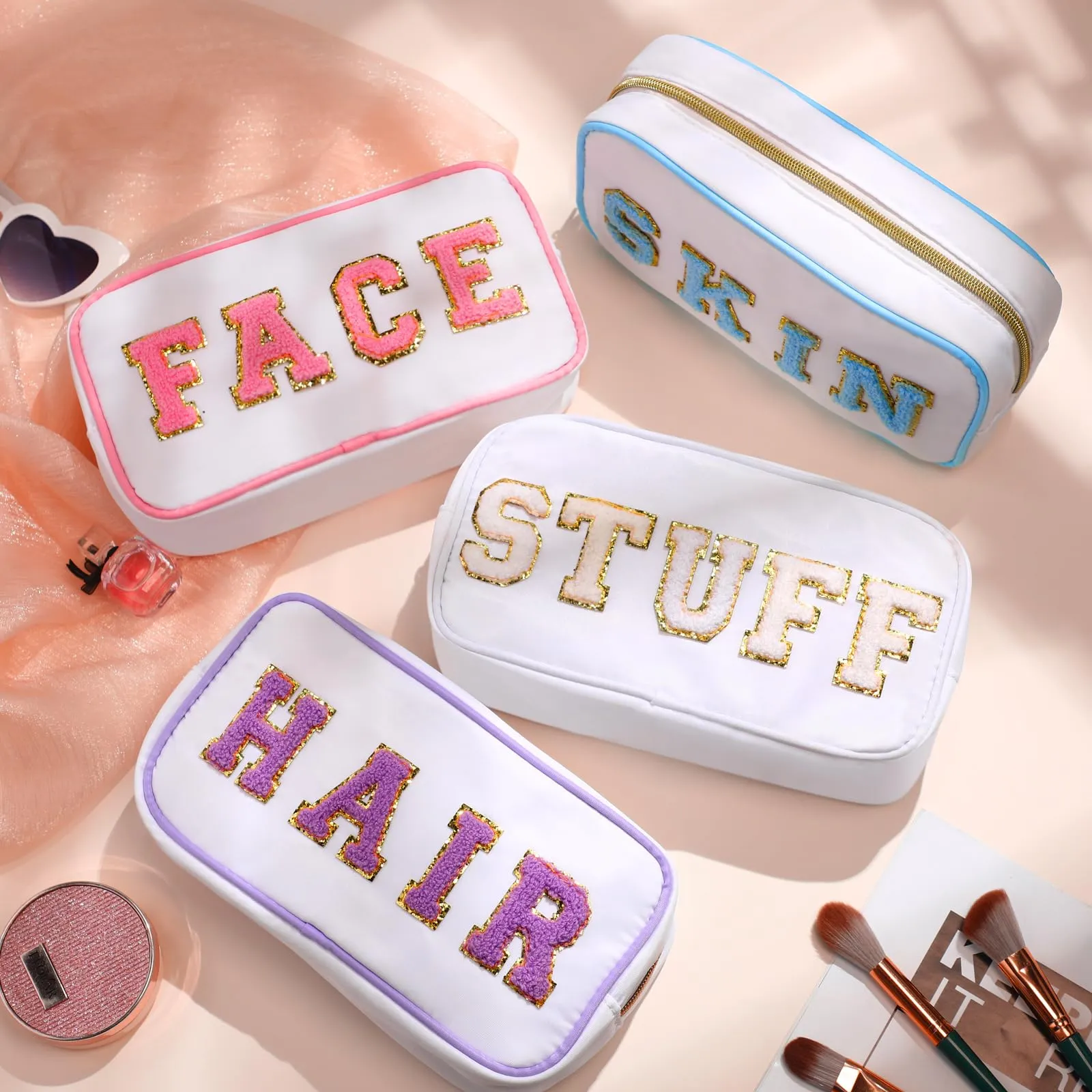 Cunno 4 Pcs Preppy Makeup Bags Chenille Letter Stuff Bag Nylon Cosmetic Pouch Cases with Zipper for Women Travel Toiletry(White Set,Vivid)