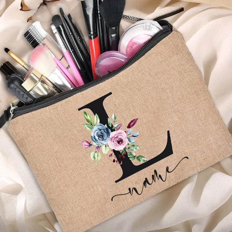 Customized Personalized Name Linen Cosmetic Bag Bridesmaid Bachelor Party Lipstick Bag