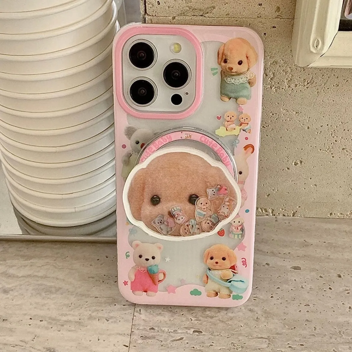 Cute Sylvanian Families Puppy Shaker Magnetic Stand iPhone Case