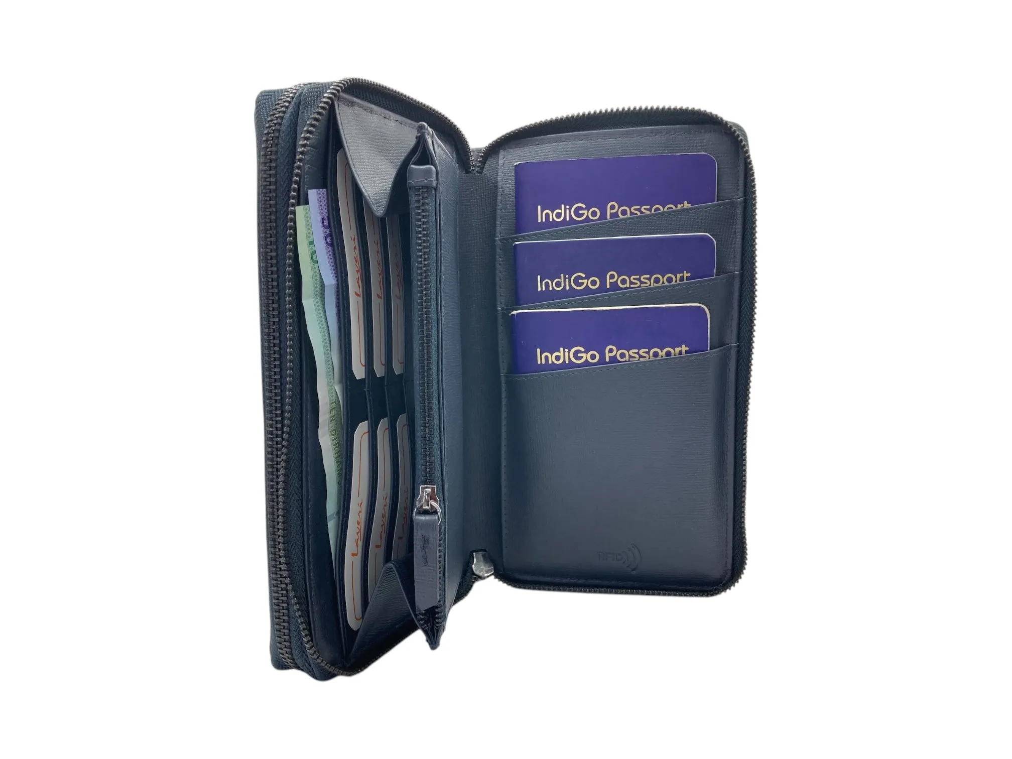 Double  Zip Family Passport  Holder &  Long Card Wallet  RFID Protection # 4645