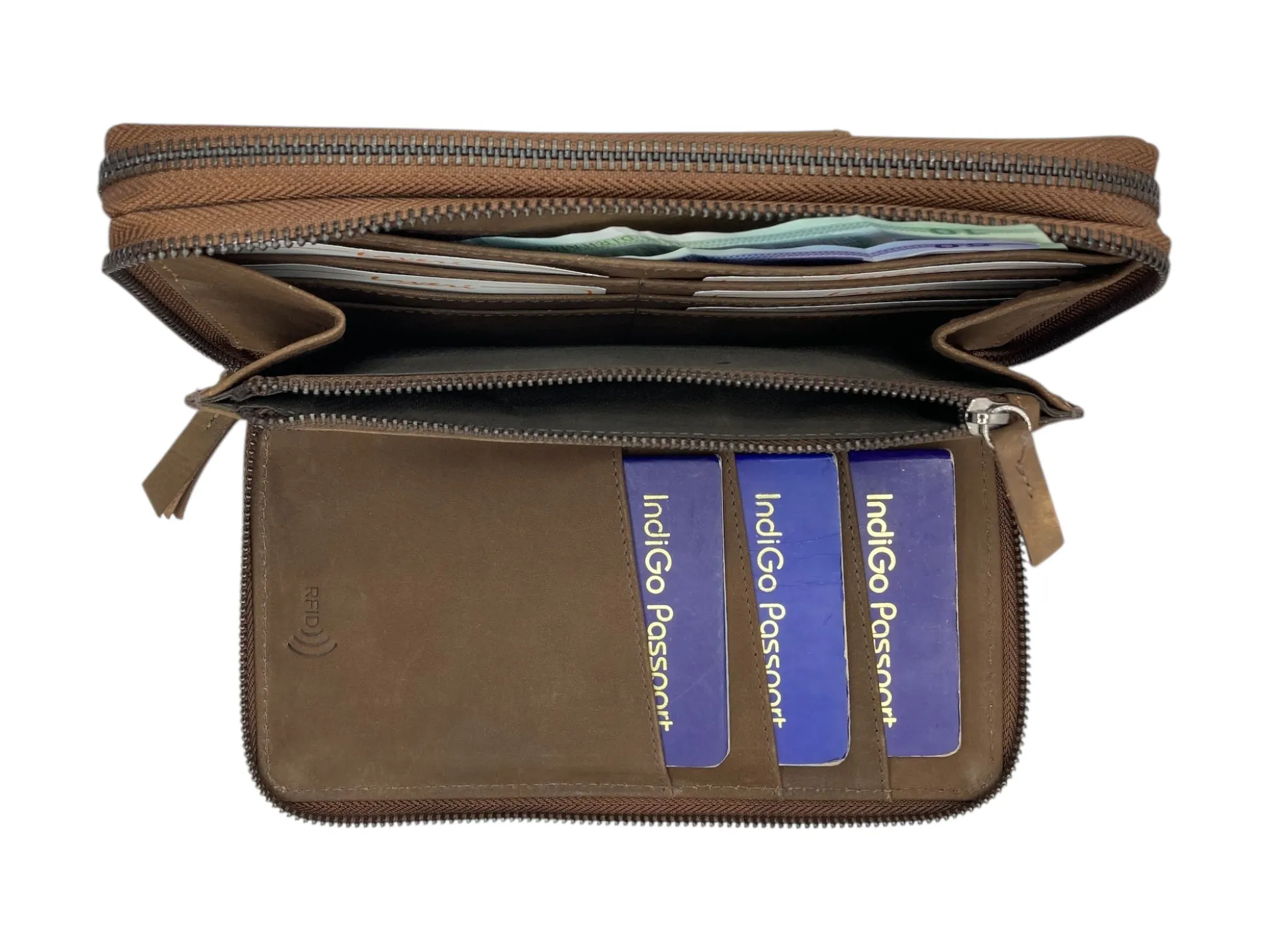 Double  Zip Family Passport  Holder &  Long Card Wallet  RFID Protection # 4645